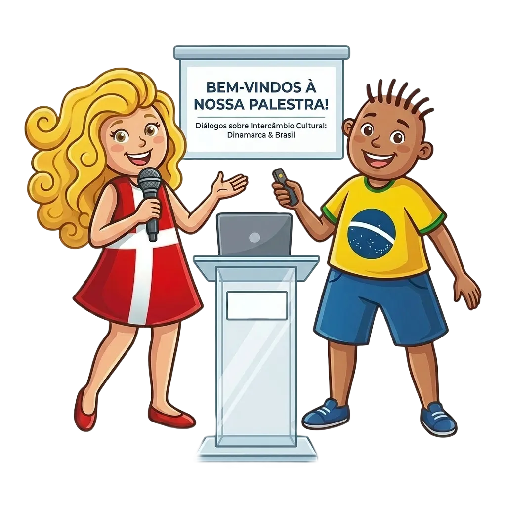 Mascotes apresentando palestra